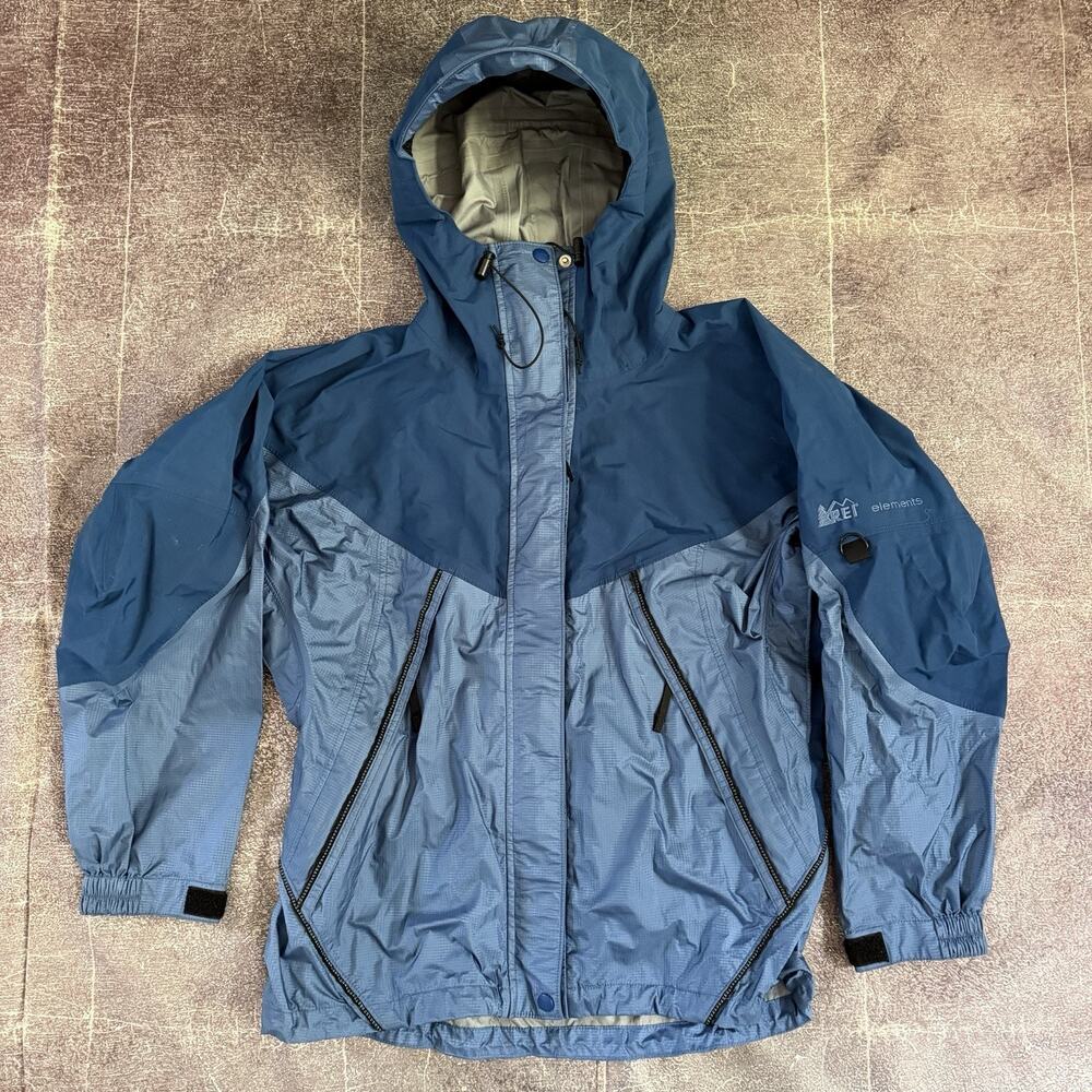 Women's Vintage 90's REI Elements Navy Blue Hooded Zip Up Rain Coat Jacket Sz M
